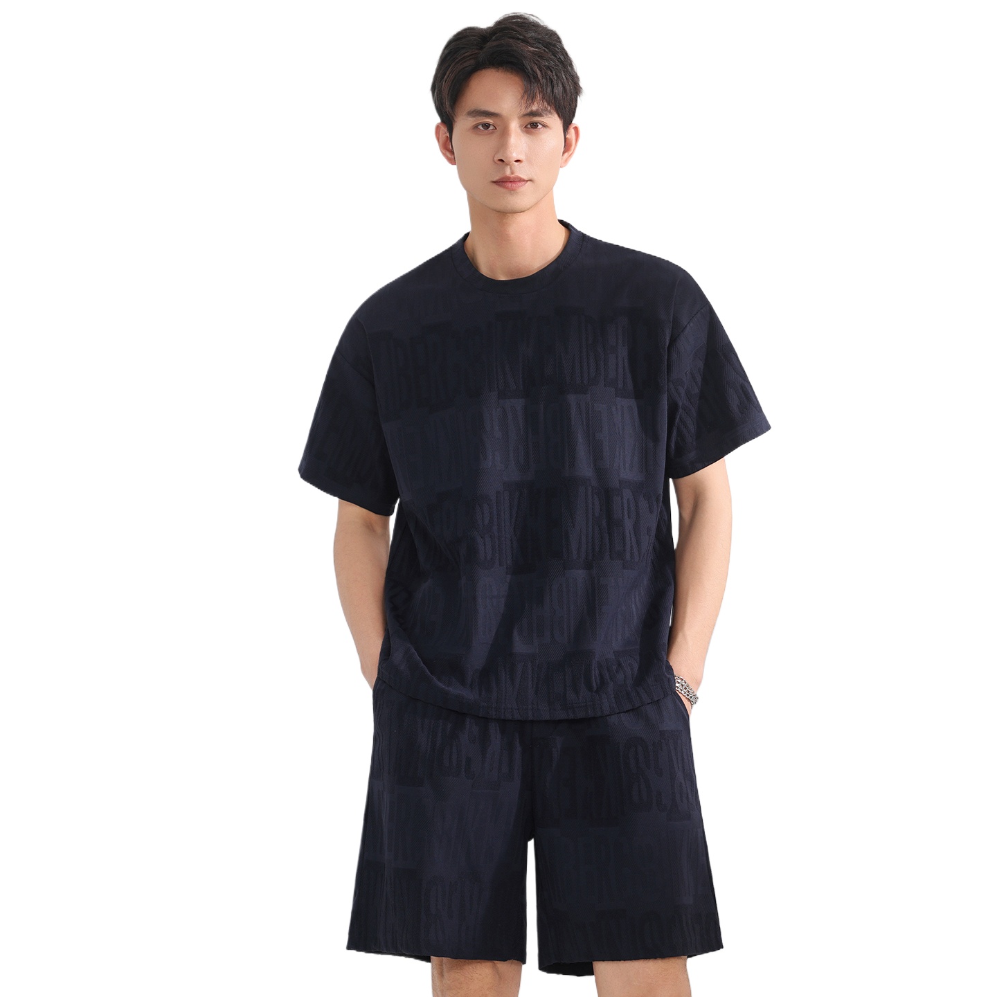 Cycling - 【Top 5-Point-Hosen】 Herren-T-Shirt-Set, Sommermode, Rundhalsausschnitt, Sport,