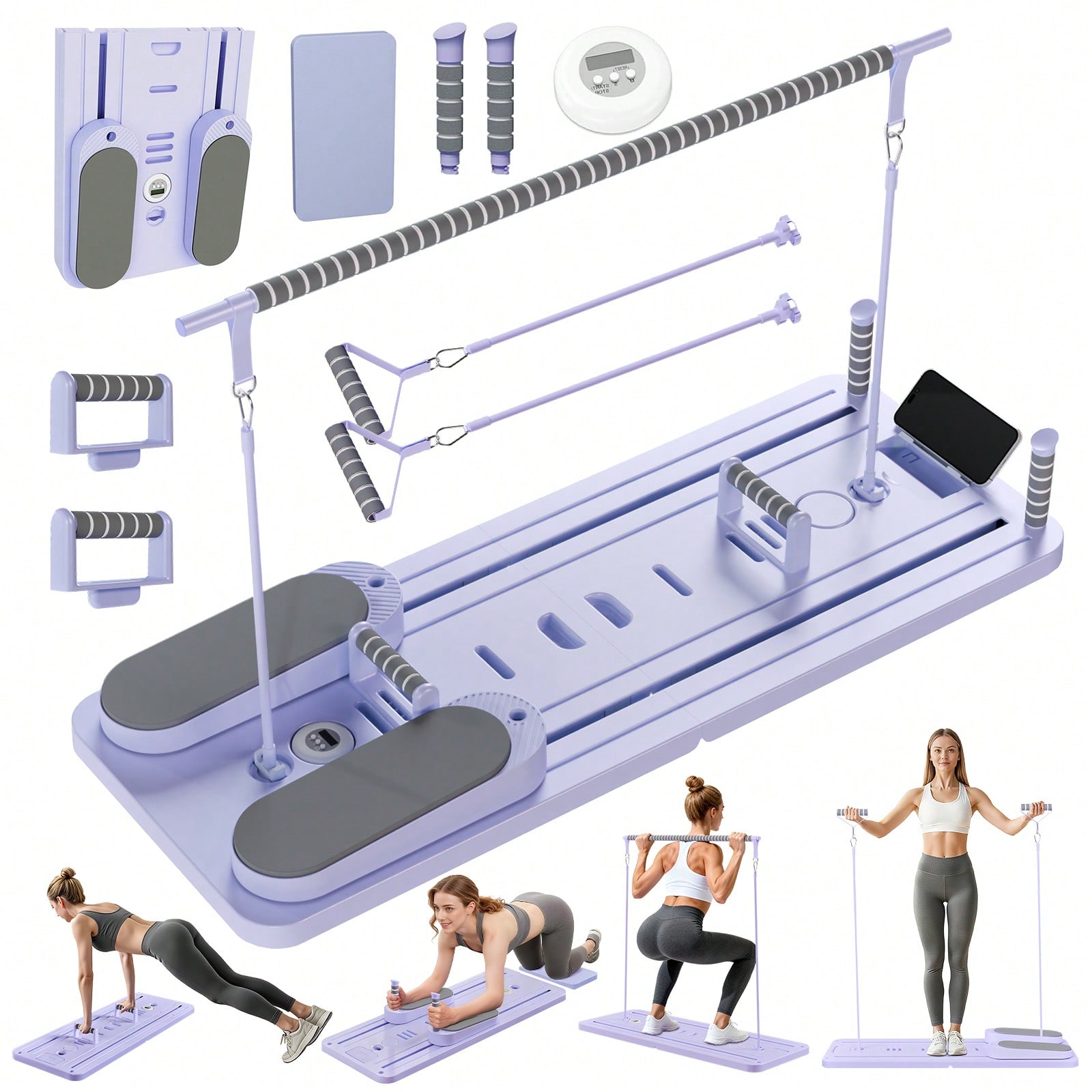 Fitness Equipment - Pilates-Reformer mit Stange, Pilates-Brett mit Handyhalterung,