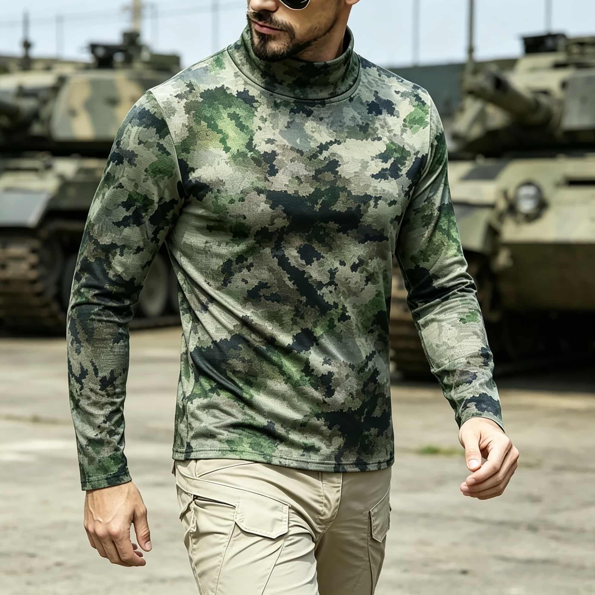 Hiking - Herren Taktisches Camouflage-Print Langarmshirt mit Stehkragen,