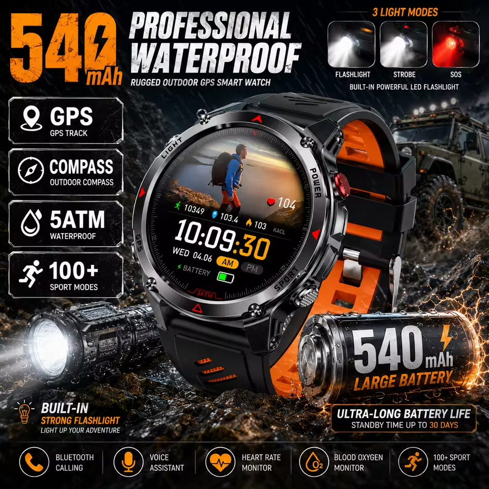 Resistance Bands Set With Handles - Militärische 540mAh GPS Smartwatch 3ATM Wasserdicht